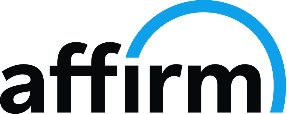 Affirm logo: lowercase wordmark with a blue curved arc over a black background.