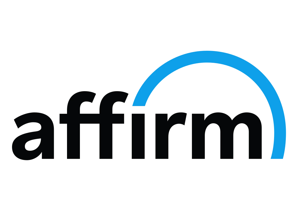 Affirm logo: the word 'affirm' in black with a blue curved arc forming a semicircle over the right side of the text.
