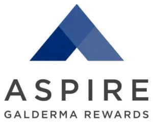 Aspire Galderma Rewards logo with blue geometric triangles above the text.