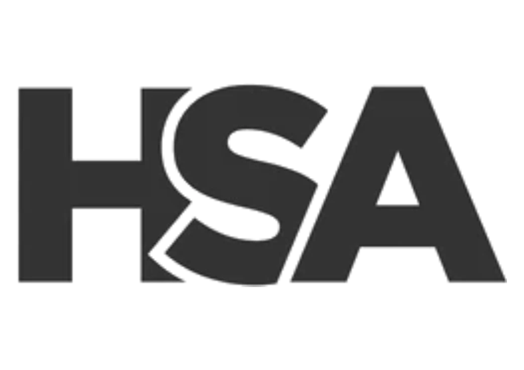 HSA logo: overlapping bold dark gray letters H, S, and A on black background
