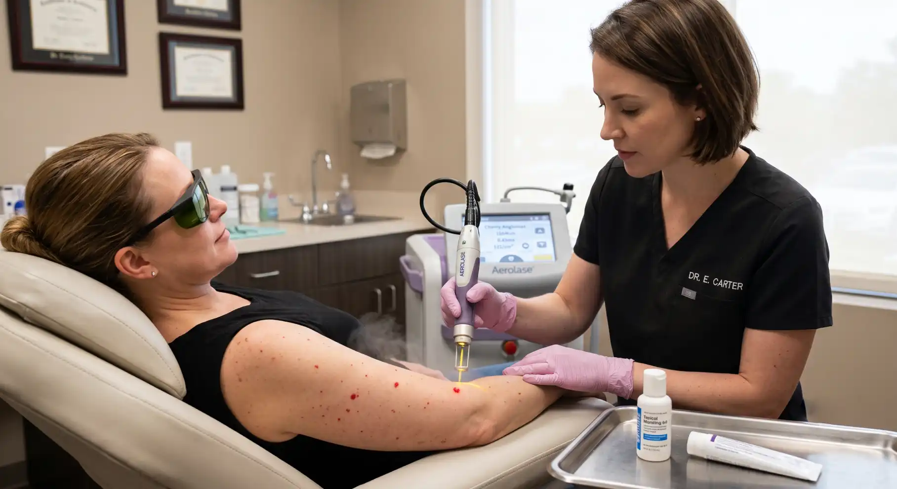 Patient lying in a treatment chair while a clinician uses a handheld laser device on her forearm during a procedure; patient wears protective glasses and a black top.