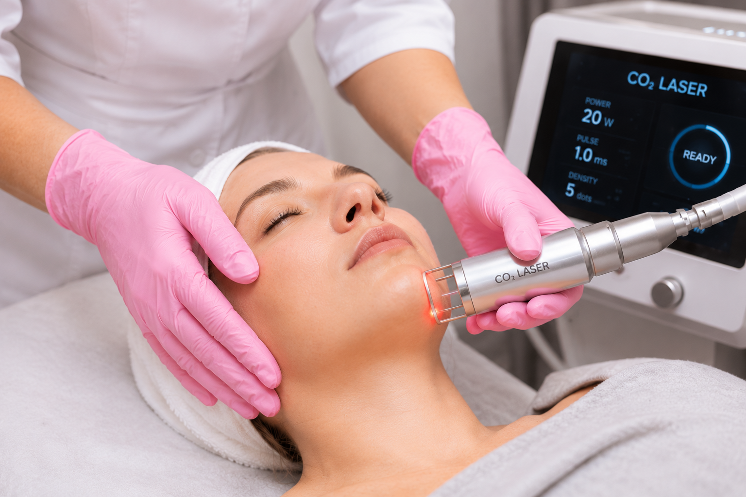Woman lies with eyes closed as a clinician in pink gloves uses a CO2 laser device on her face.