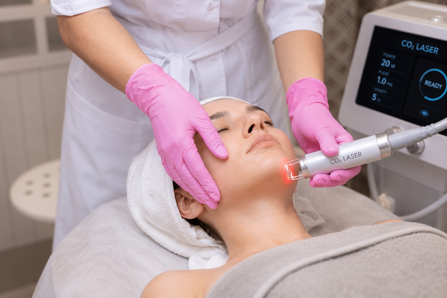 A clinician in pink gloves performs a CO2 laser facial on a woman lying with eyes closed.