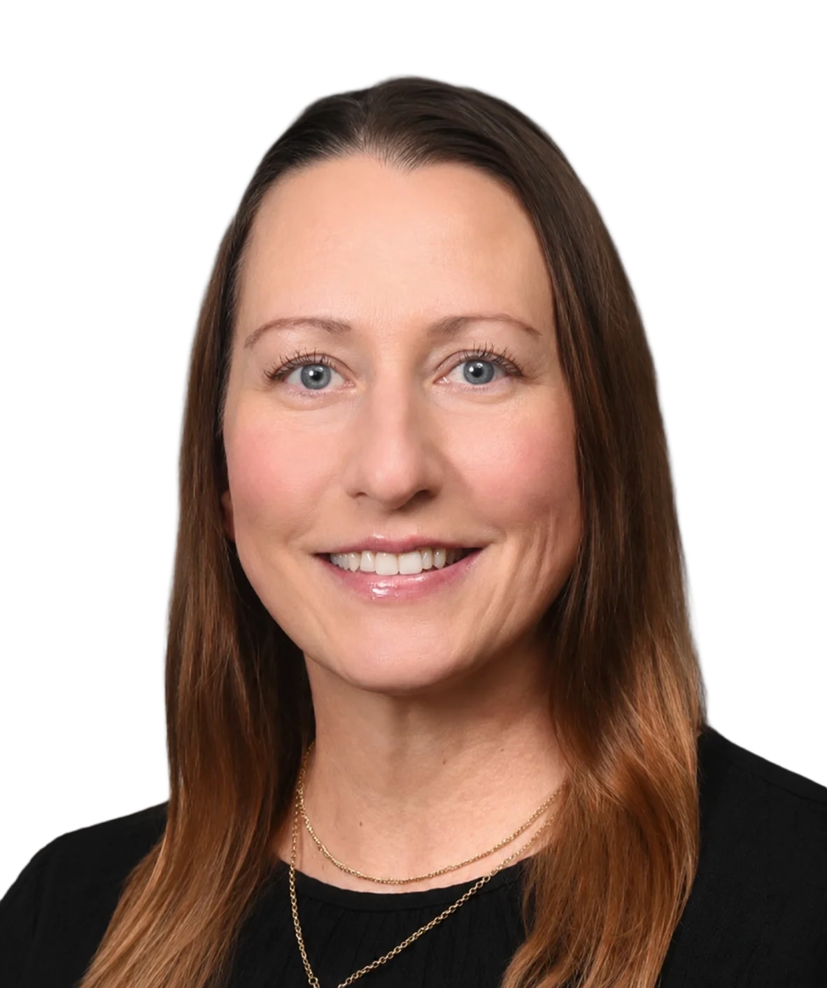 Head-and-shoulders portrait of a smiling woman with long brown hair wearing a black top.