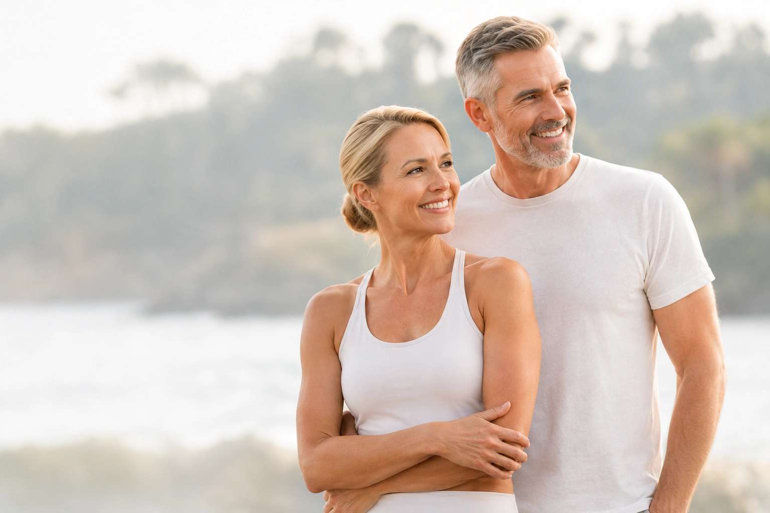 Joyful middle-aged couple standing on a sunny beach, arms wrapped around each other in white shirts.