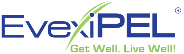 EveviPEL logo in blue with a green arc and the tagline 'Get Well. Live Well!'