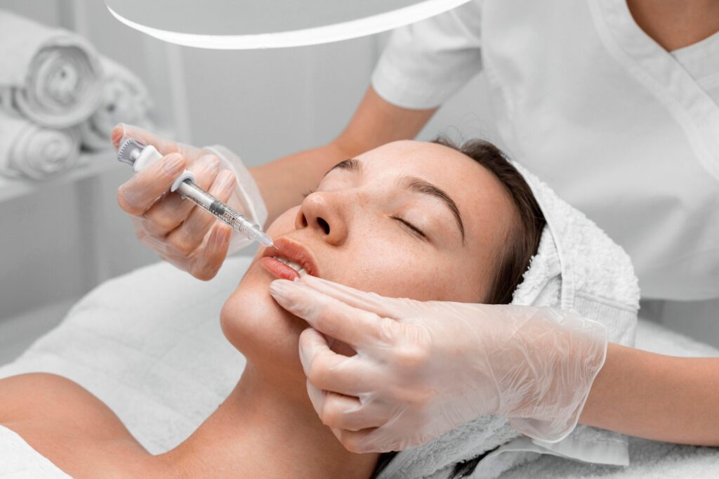 Woman lying down during a cosmetic lip injection; clinician in gloves holds a syringe near her mouth.