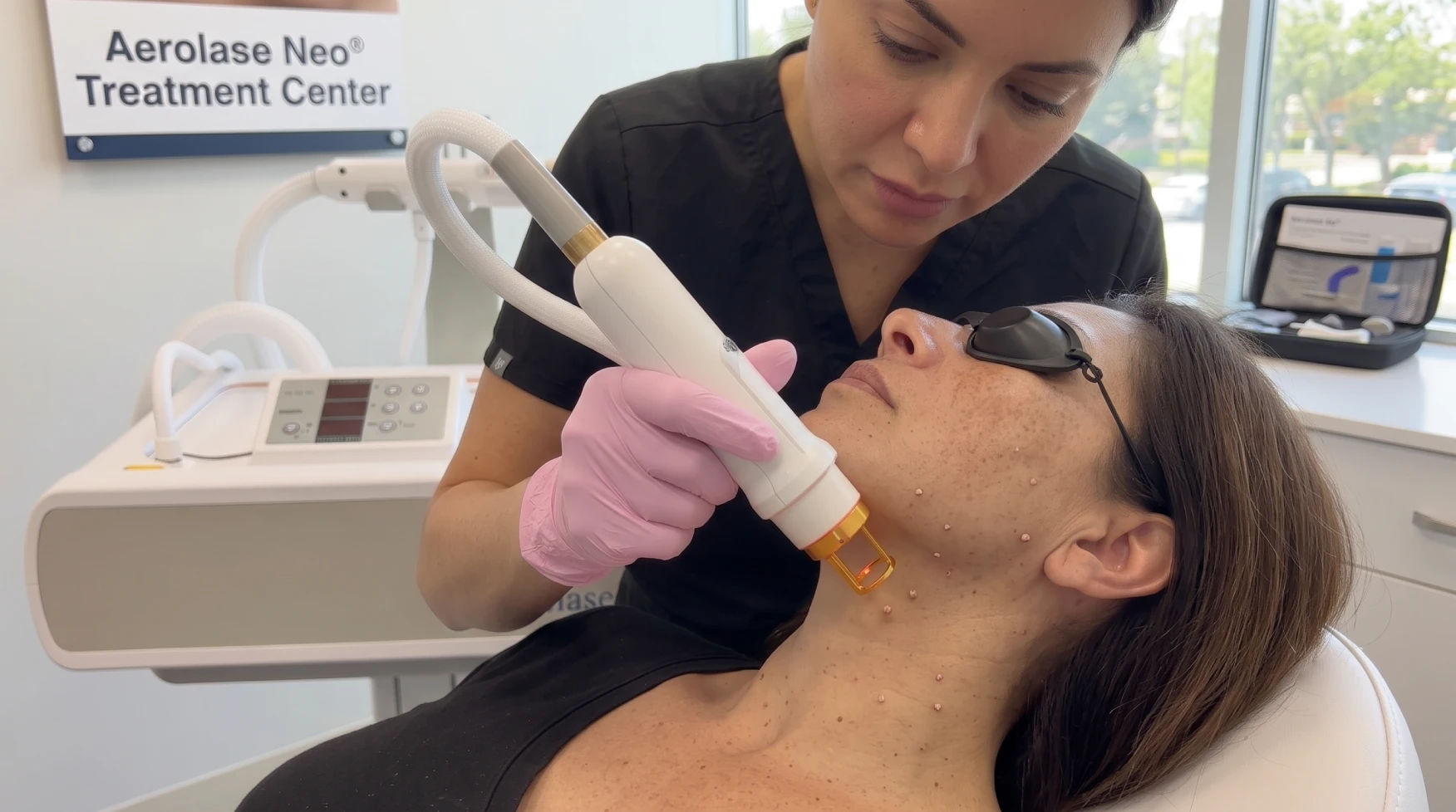 Dermatologist using a handheld laser on a patient’s chin during a facial treatment at an Aerolase Neo clinic.