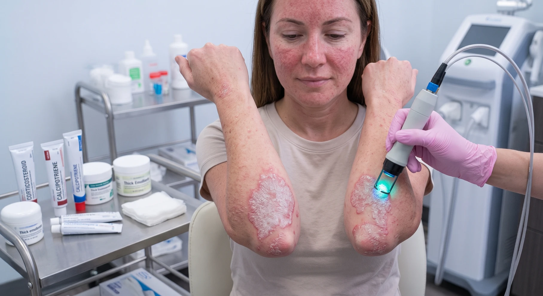 Woman with red, inflamed patches on arms and face receiving LED light therapy from a clinician in a clinical setting; skincare products on a metal cart nearby.