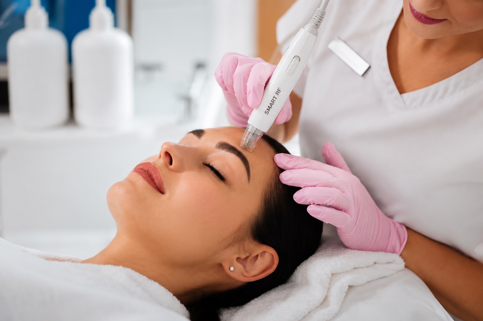 Woman lying with eyes closed while a clinician in pink gloves uses a handheld device on her forehead, performing a facial treatment.