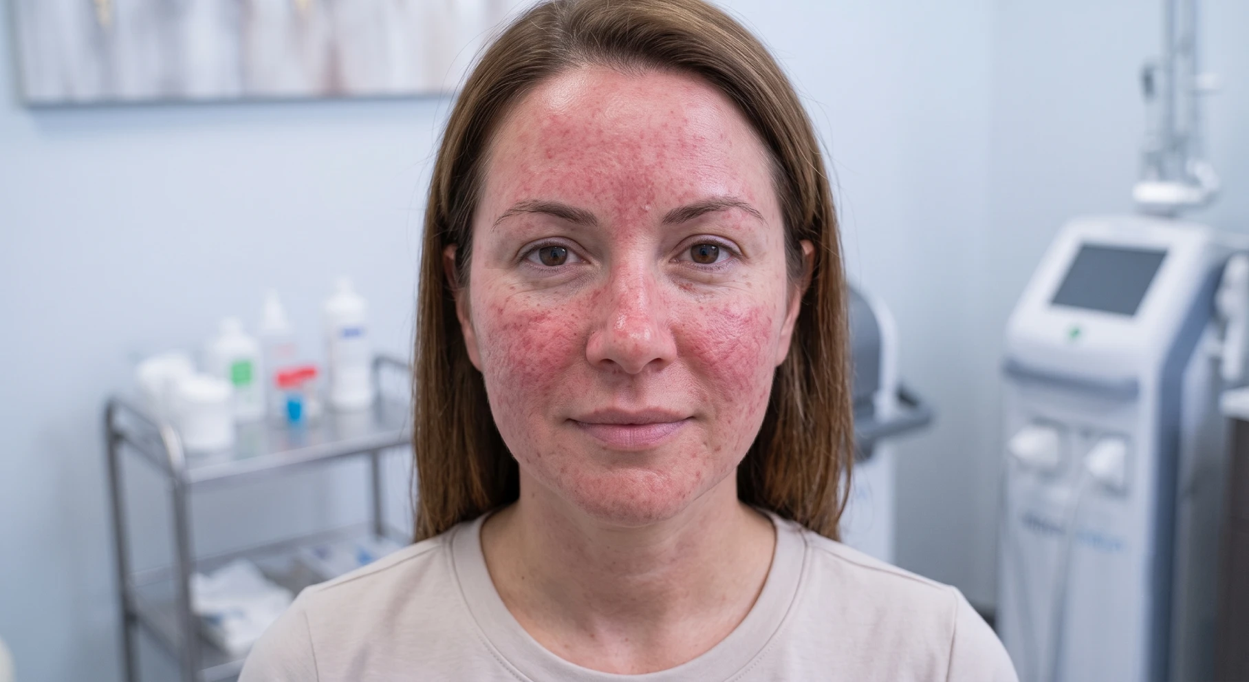 Close-up of a woman with red, inflamed cheeks (rosacea) in a clinical setting.