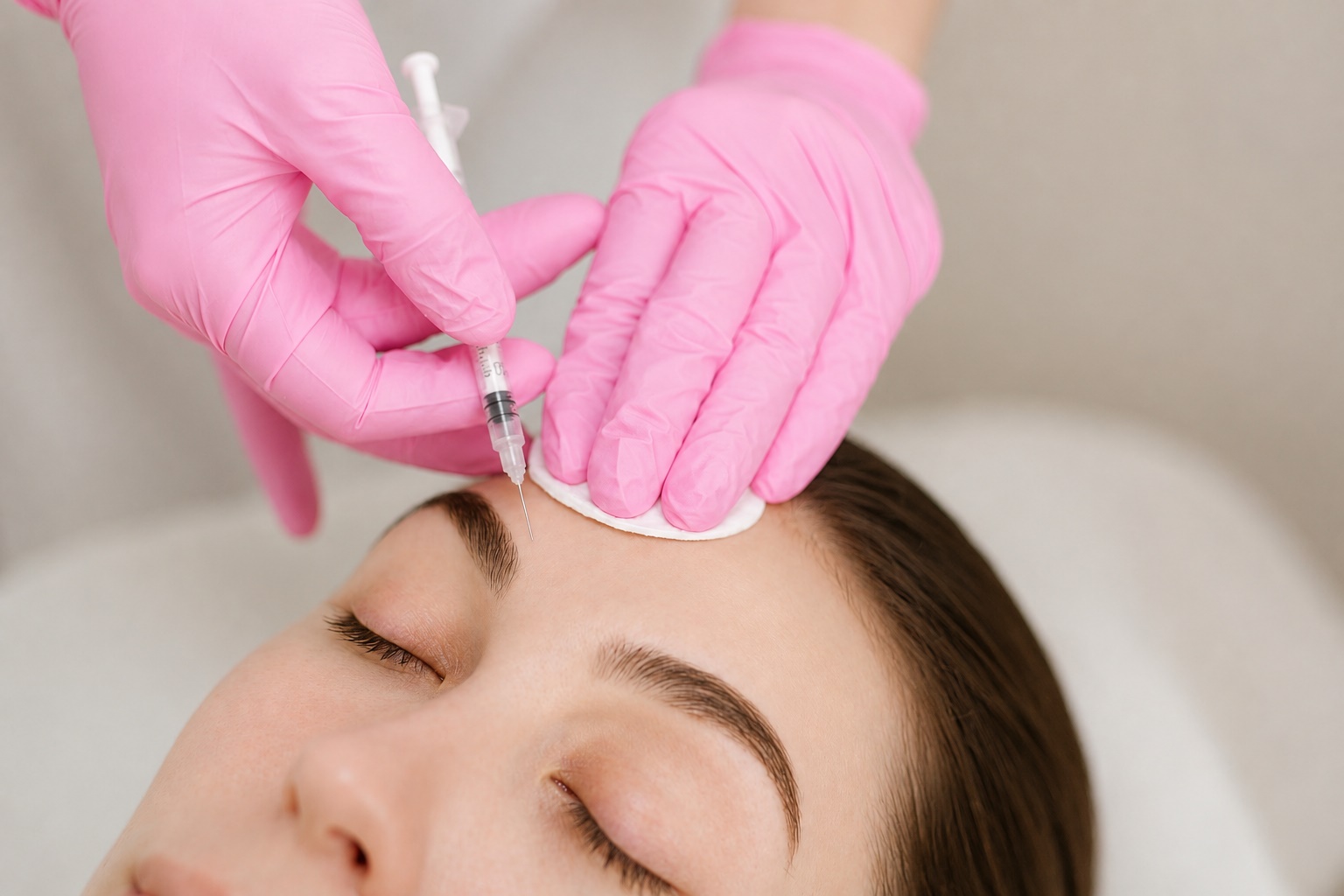 Medical professional in pink gloves administers a facial injection near the eyebrow, with a cotton pad at the site on a patient lying down.