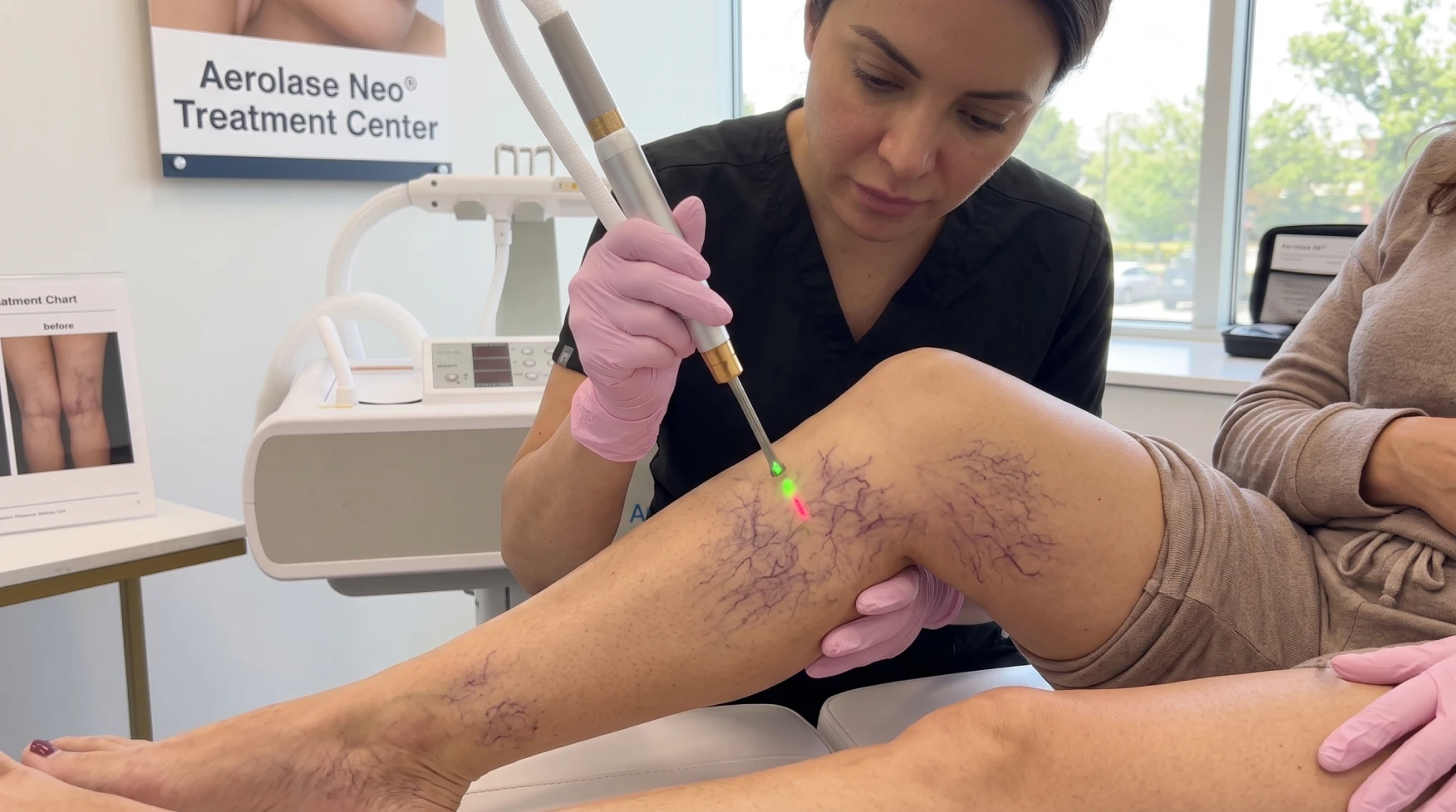 Medical professional in pink gloves guiding a laser probe along a patient's leg, treating varicose veins.