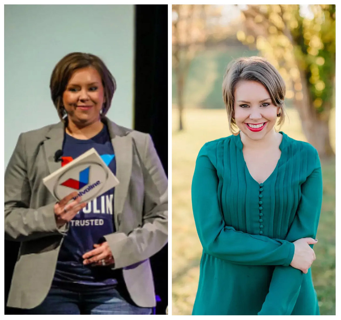 Two women pictured side by side: left is a speaker on stage holding a booklet with a logo, wearing a blazer; right is a smiling woman outdoors in a teal blouse.
