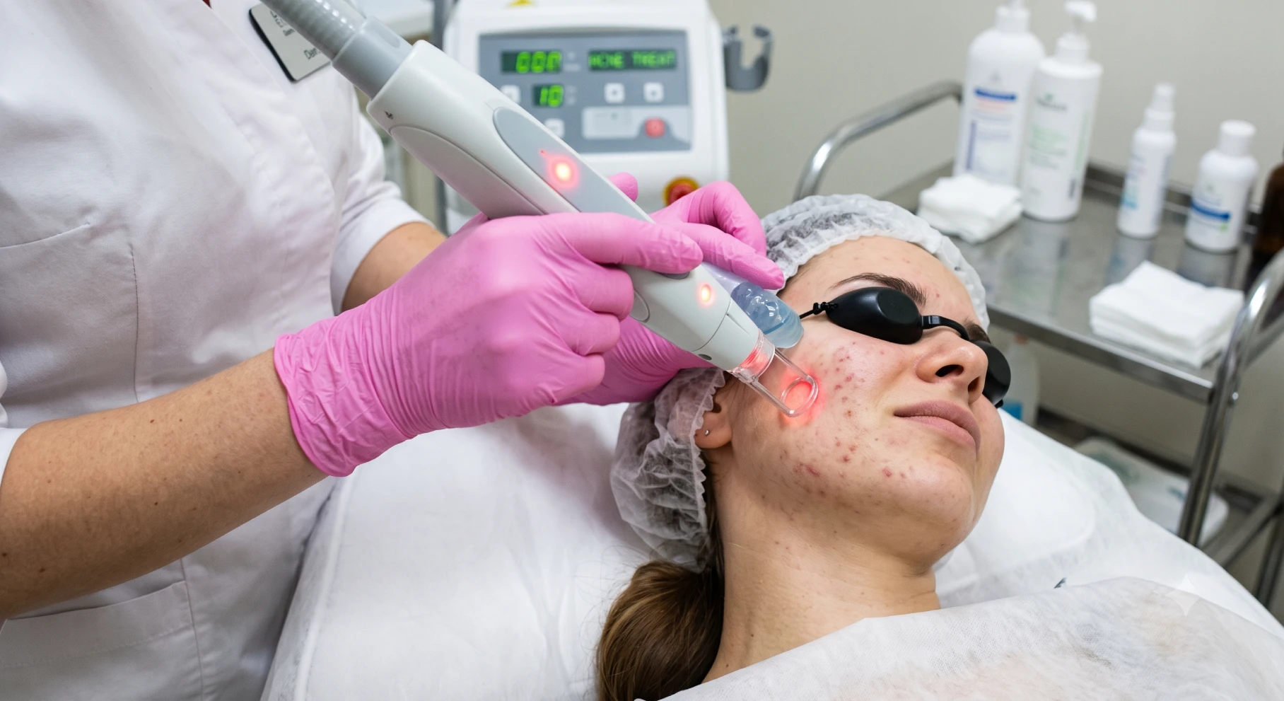 Clinician in pink gloves uses a laser device on a patient’s cheek for acne treatment, patient wearing protective goggles and a hairnet.