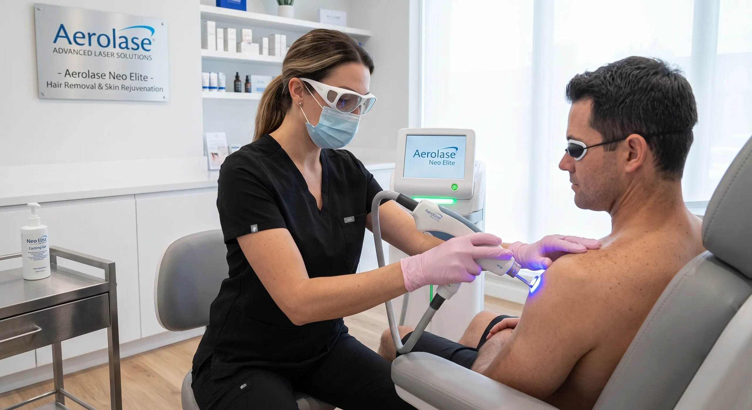 Medical professional in masks and goggles performs laser treatment on patient’s upper arm using AeroLase Neo Elite device in a bright clinic.