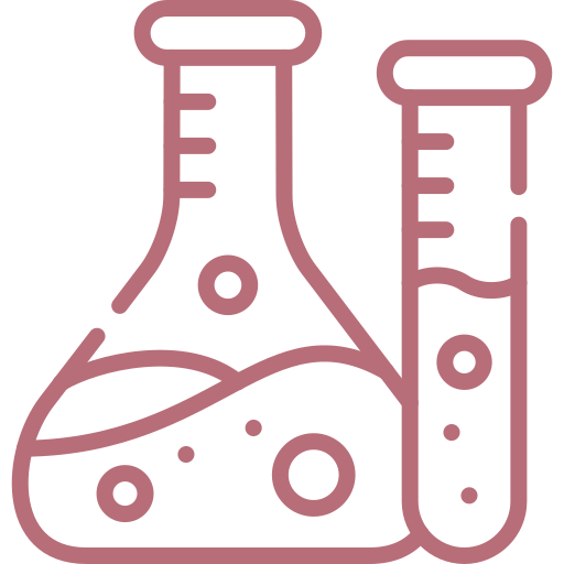 Icon of two pink laboratory glassware pieces (a Erlenmeyer flask and a test tube) with liquid and bubbles inside, shown in line art style.
