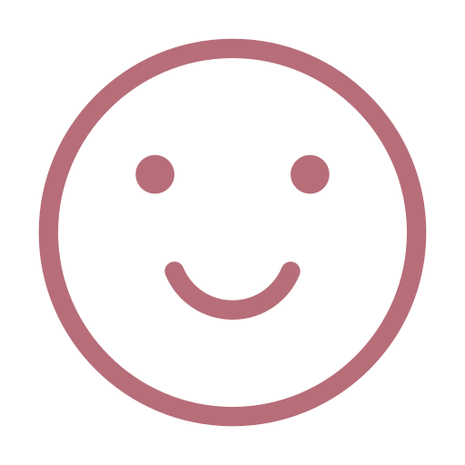 Pink circular smiley face icon with two eyes and a smiling mouth expressing happiness.