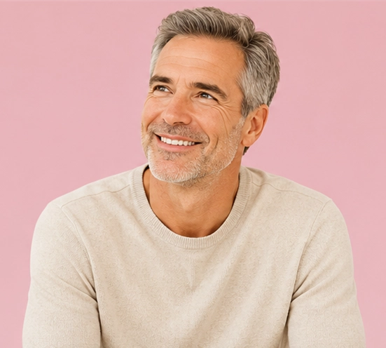 Smiling middle-aged man with gray hair wearing a beige sweater against a pink background.