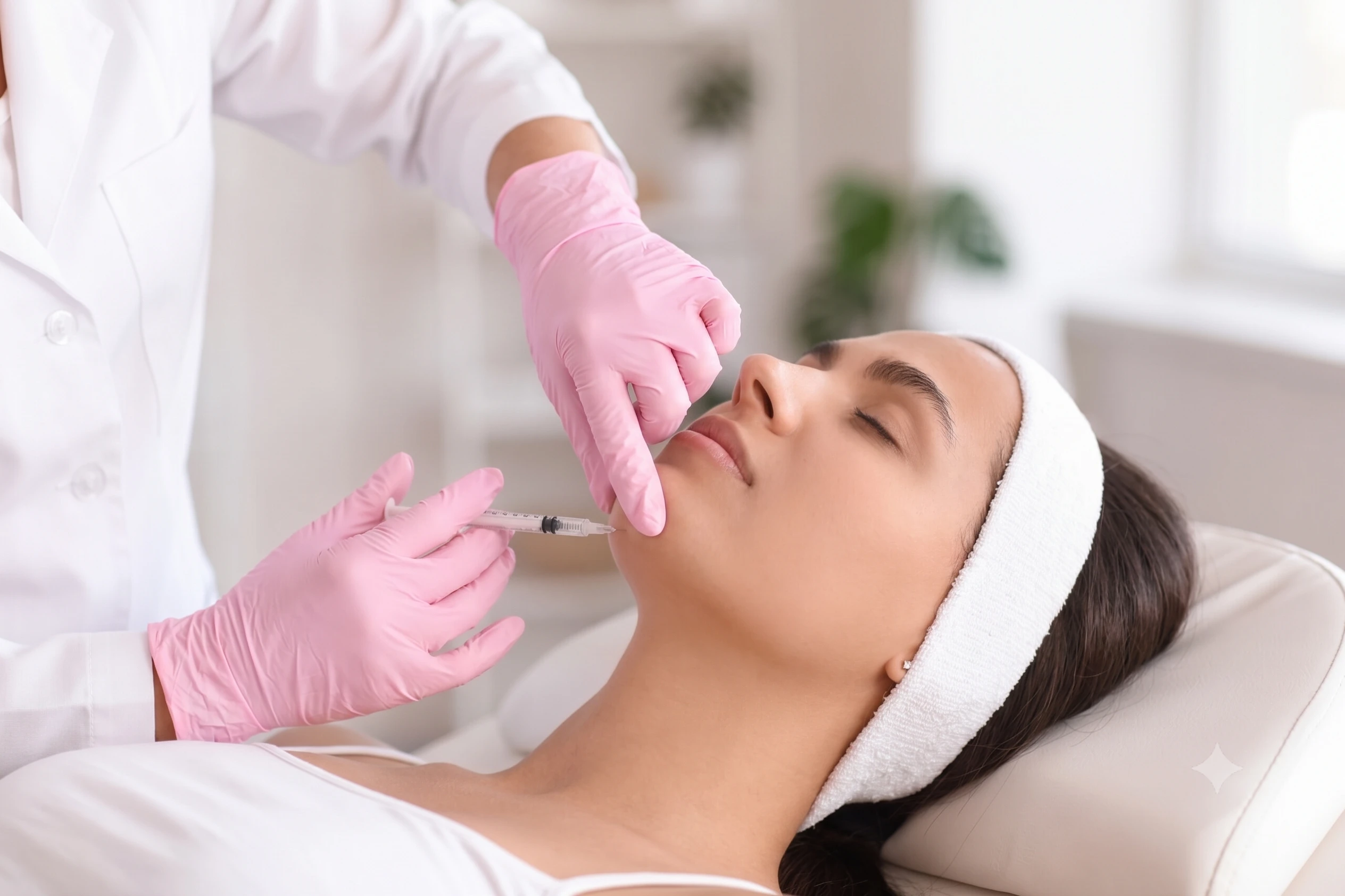 Clinician in pink gloves near a seated patient, preparing a facial injection during a cosmetic treatment.