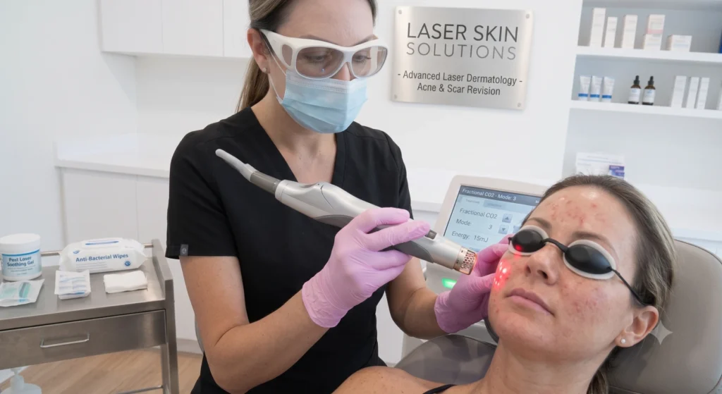 Clinician in mask and protective glasses uses a laser device on a patient's face in a clinical skin treatment room.