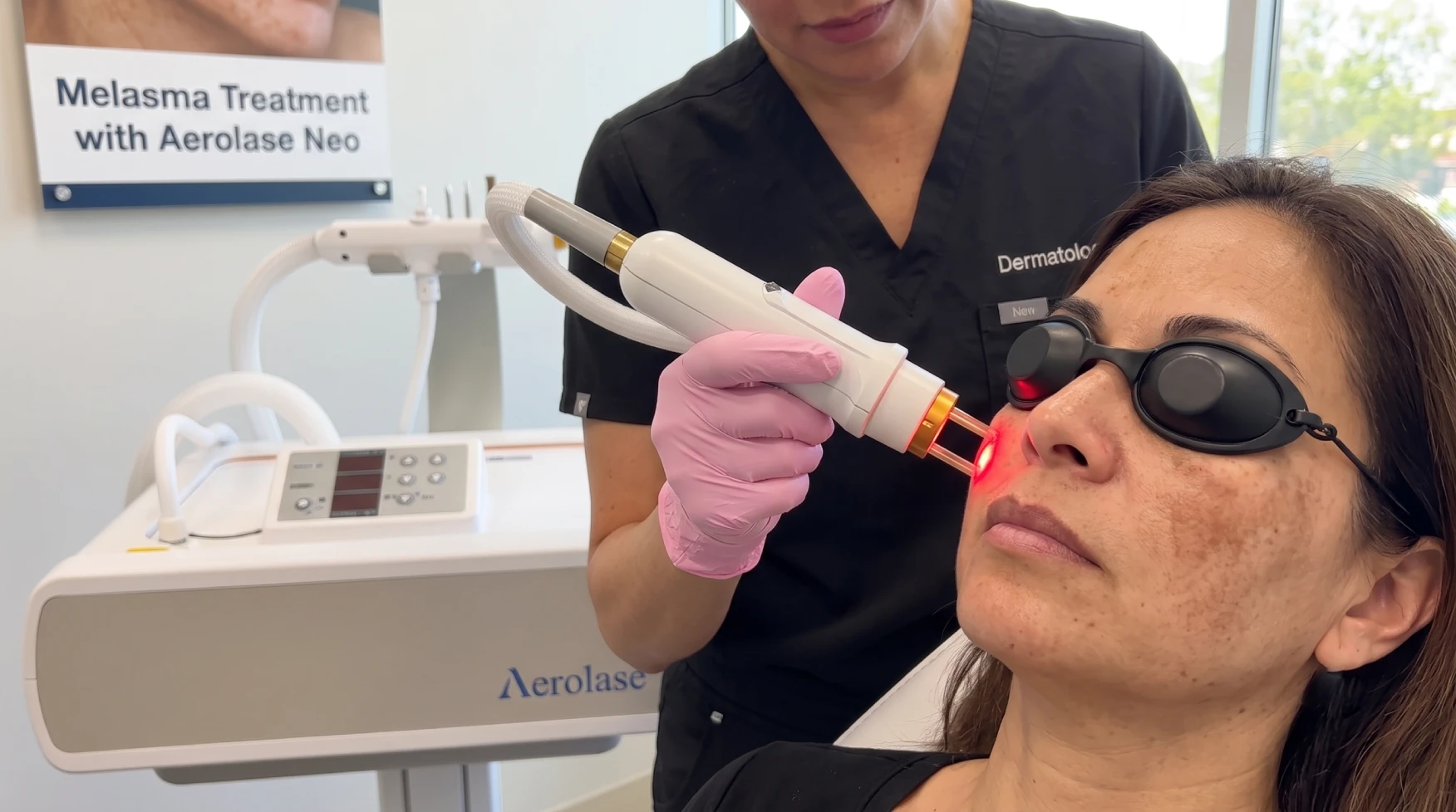 Dermatologist using a handheld laser device on a patient's nose for melasma treatment, patient wearing protective goggles and pink gloves in a clinic.