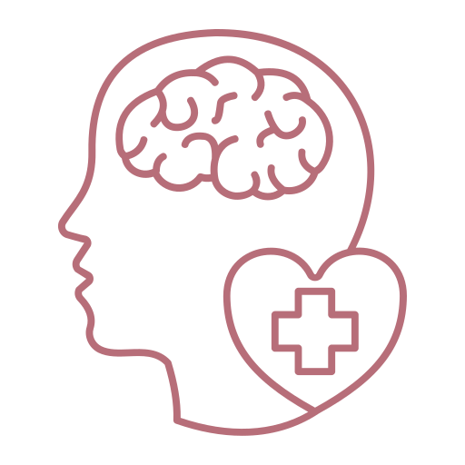 Outline of a head with a brain and a heart featuring a medical cross, symbolizing mental and heart health.