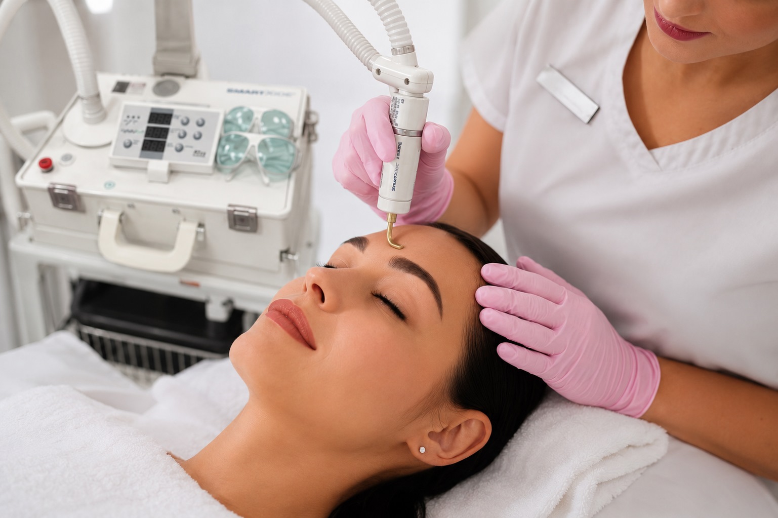 Spa professional in pink gloves applying a handheld skincare device to a client's forehead during a facial treatment, client lying down with eyes closed.